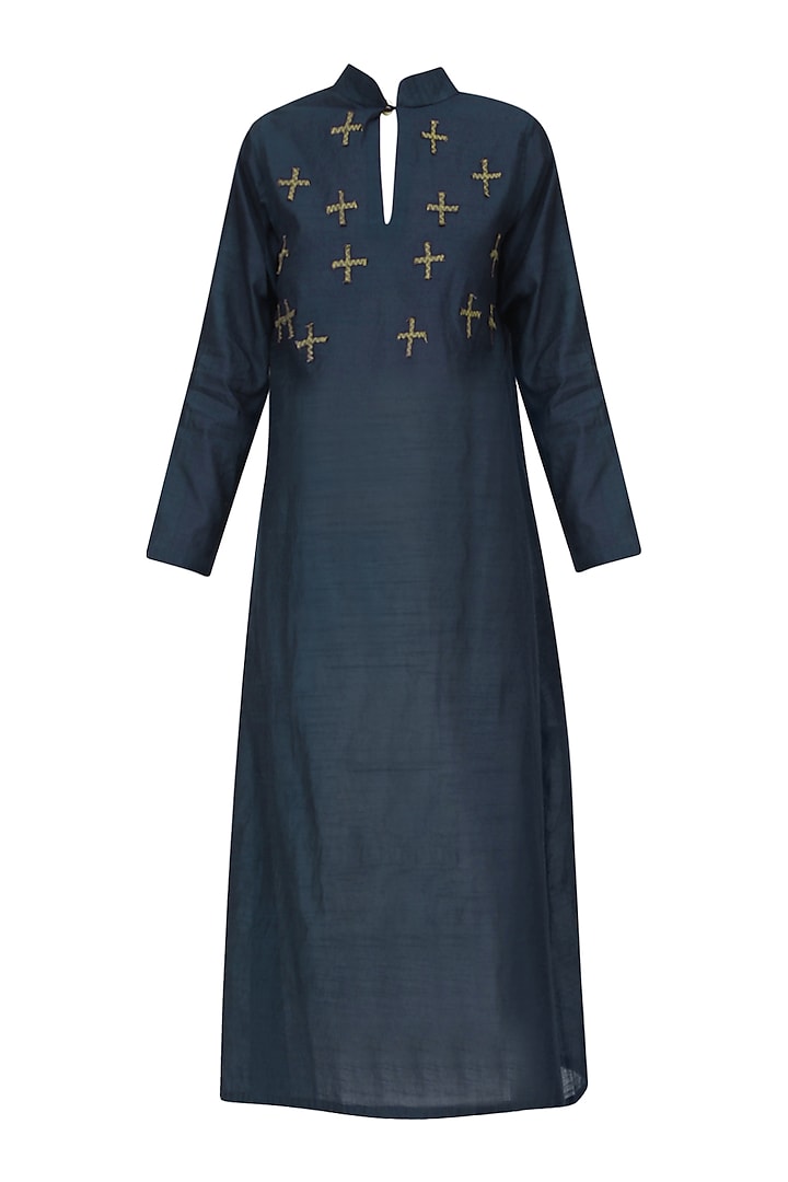 Navy Blue Cross Motif Embroidered Tunic Dress by Rouka