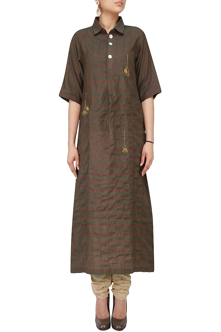 Grey bell motif embroidered tunic dress available only at Pernia's Pop Up Shop.