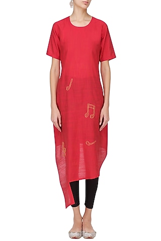 Red Music Notes Motif Embroidered Tunic Dress by Rouka