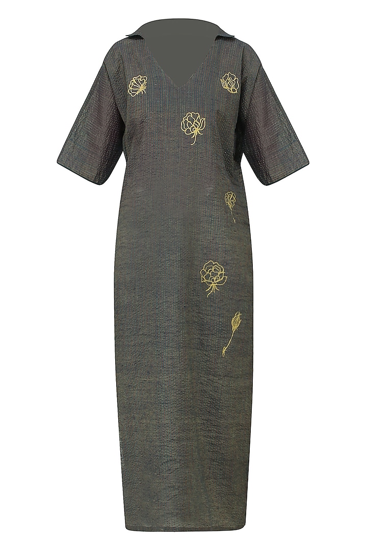 Navy Graphite Rose Motif Embroidered Kimono Tunic Dress by Rouka