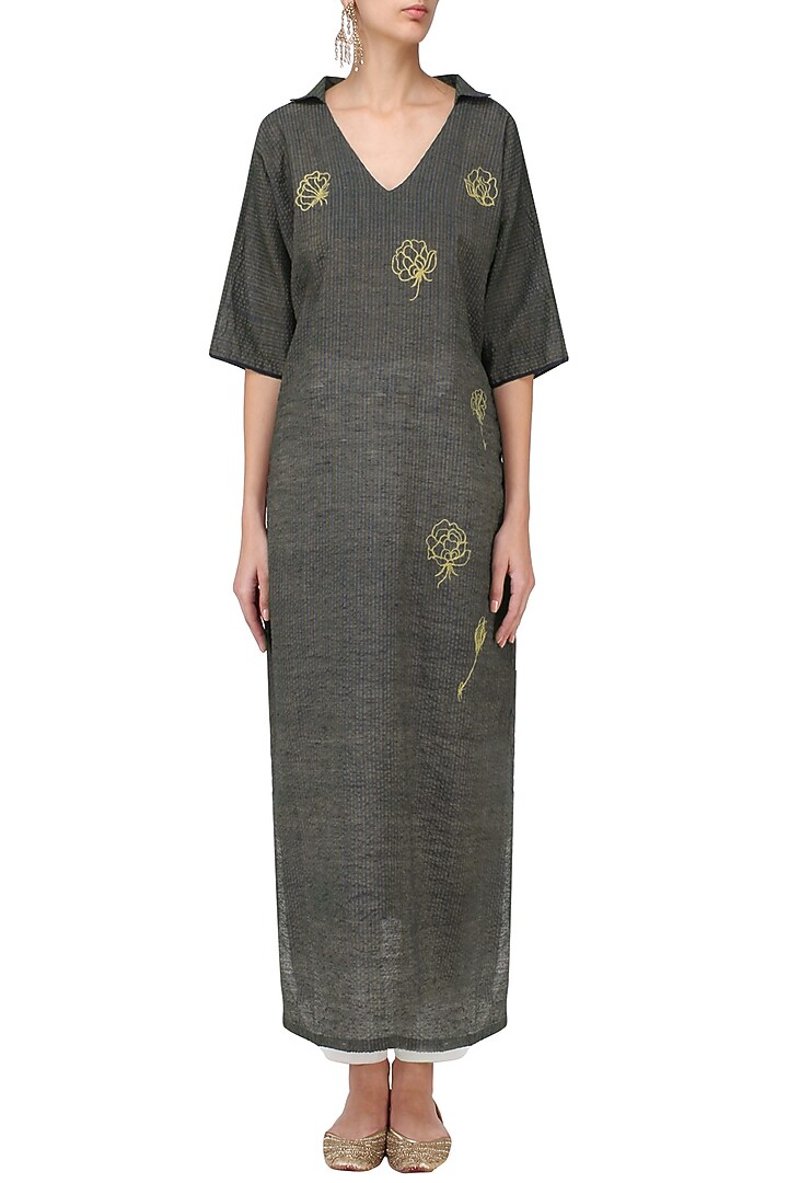 Navy graphite rose motif embroidered kimono tunic dress available only at Pernia's Pop Up Shop.
