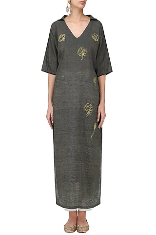 Navy Graphite Rose Motif Embroidered Kimono Tunic Dress by Rouka