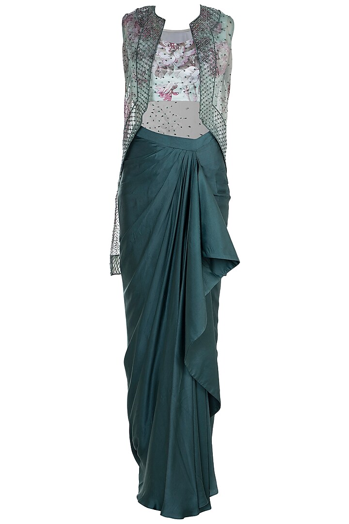 Emerald Green Skirt With Embroidered Printed Blouse & Jacket by Rozina