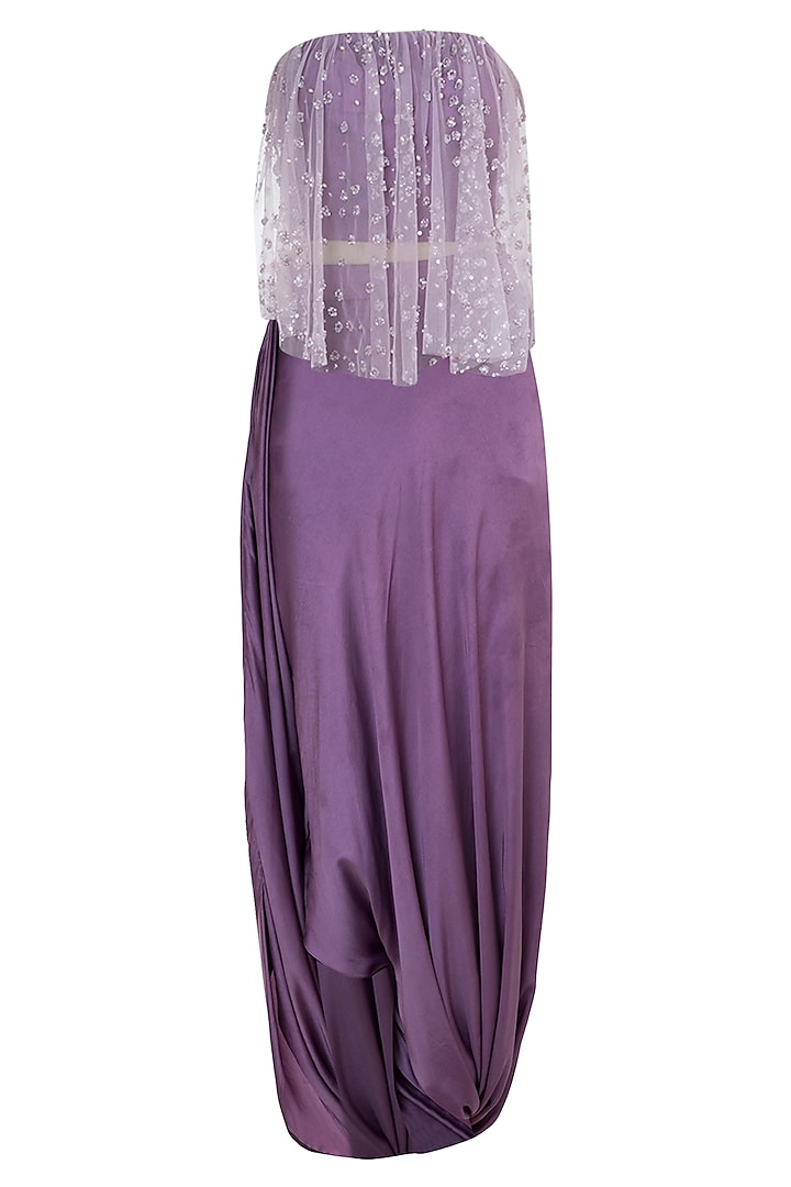 Purple Embroidered Blouse With Drape Skirt by Rozina