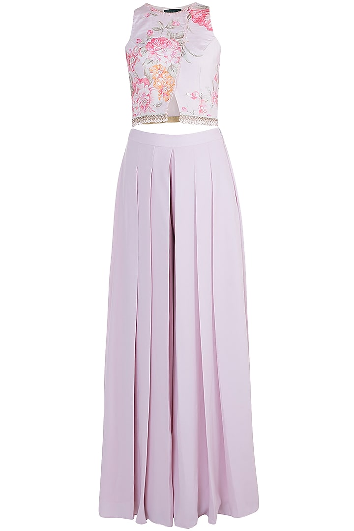 Pink Embroidered Printed Crop Top With Pleated Pants by Rozina