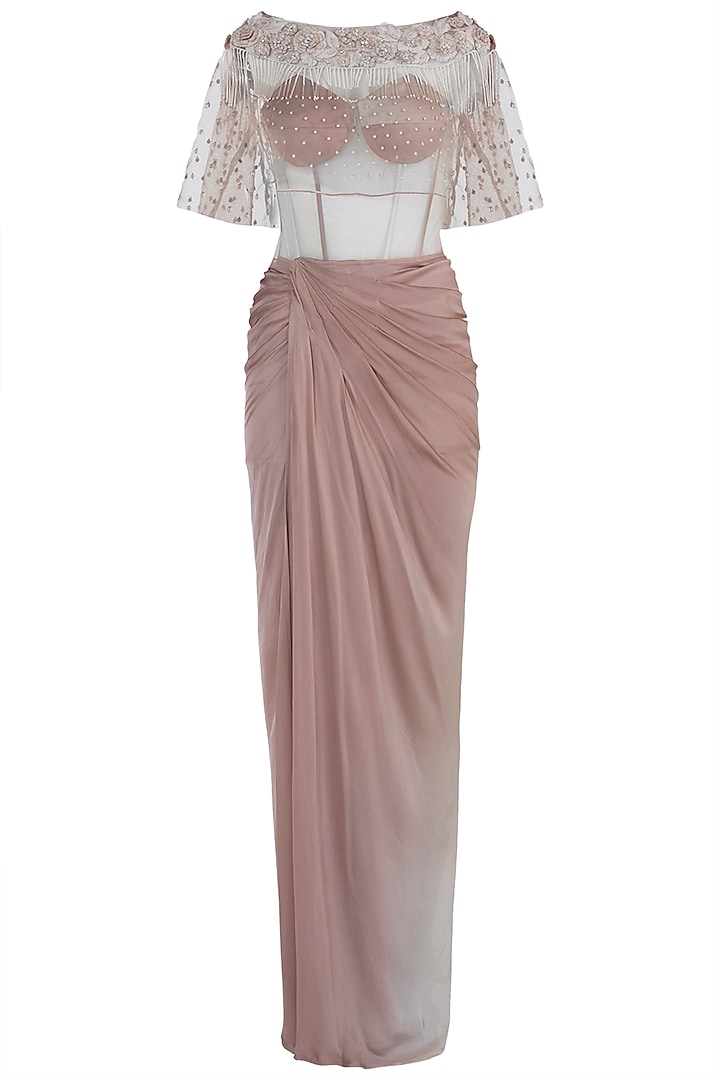 Beige Pleated Gown with Embroidered Cape by Rozina
