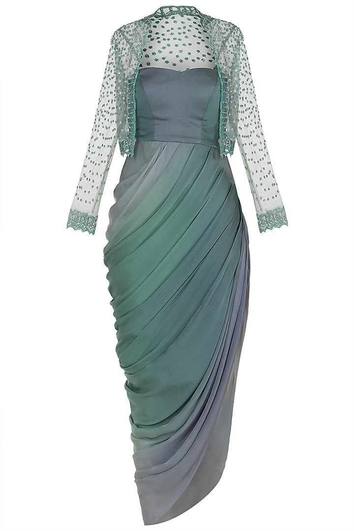 Green drape gown with embroidered jacket available only at Pernia's Pop Up Shop.