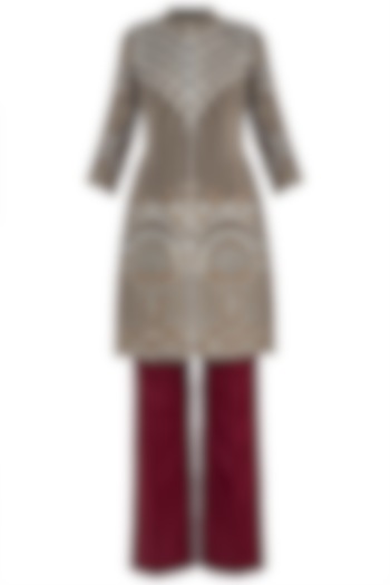 Offwhite and maroon embroidered kurta set available only at Pernia's Pop Up Shop.