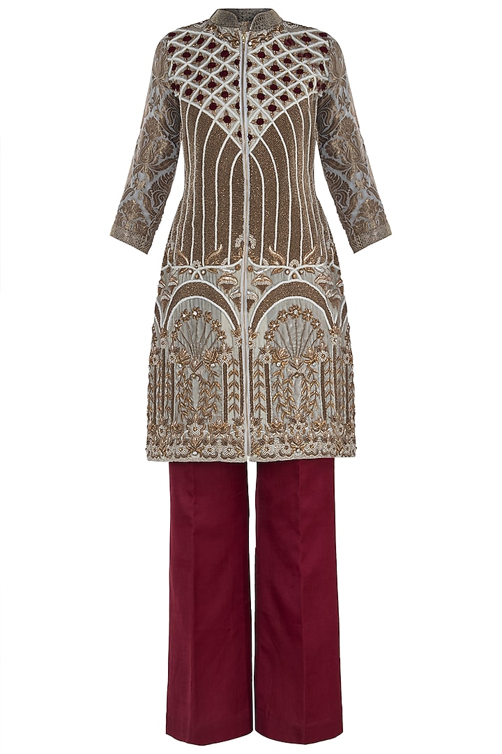 Offwhite and Maroon Embroidered Kurta Set by Rozina