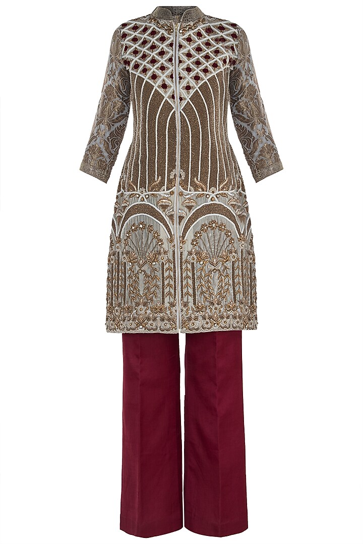 Offwhite and maroon embroidered kurta set available only at Pernia's Pop Up Shop.