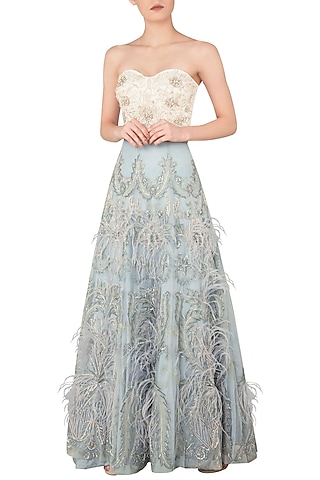 Off White Embroidered Bustier with Sky Blue Lehenga Skirt by Rozina