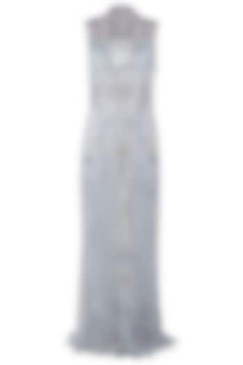 Sky blue front open embroidered jacket with bustier and straight pants available only at Pernia's Pop Up Shop.