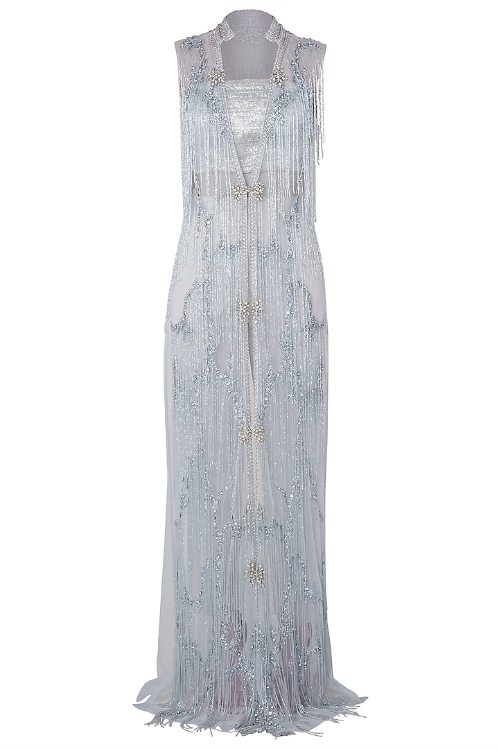 Sky blue front open embroidered jacket with bustier and straight pants available only at Pernia's Pop Up Shop.