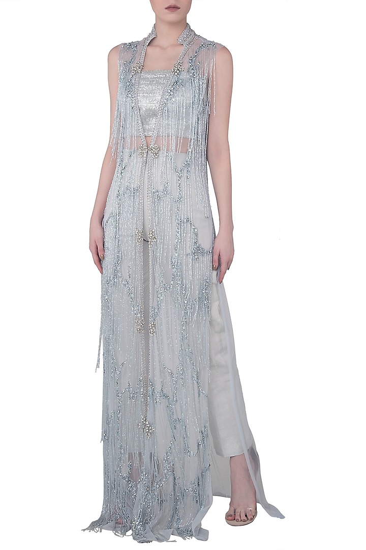 Sky blue front open embroidered jacket with bustier and straight pants available only at Pernia's Pop Up Shop.