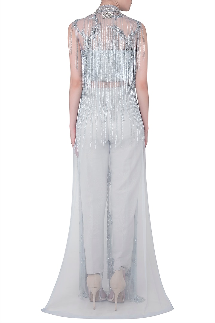 Sky blue front open embroidered jacket with bustier and straight pants available only at Pernia's Pop Up Shop.