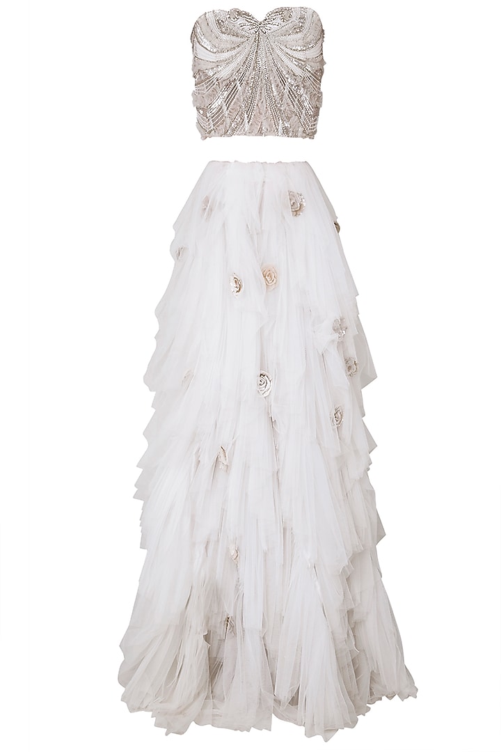 Off White Embroidered Corset with Lehenga Skirt by Rozina