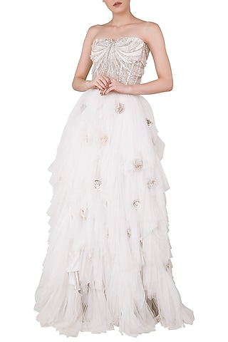 Off White Embroidered Corset with Lehenga Skirt by Rozina