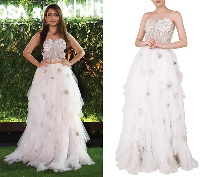 Off white embroidered corset with lehenga skirt available only at Pernia's Pop Up Shop.