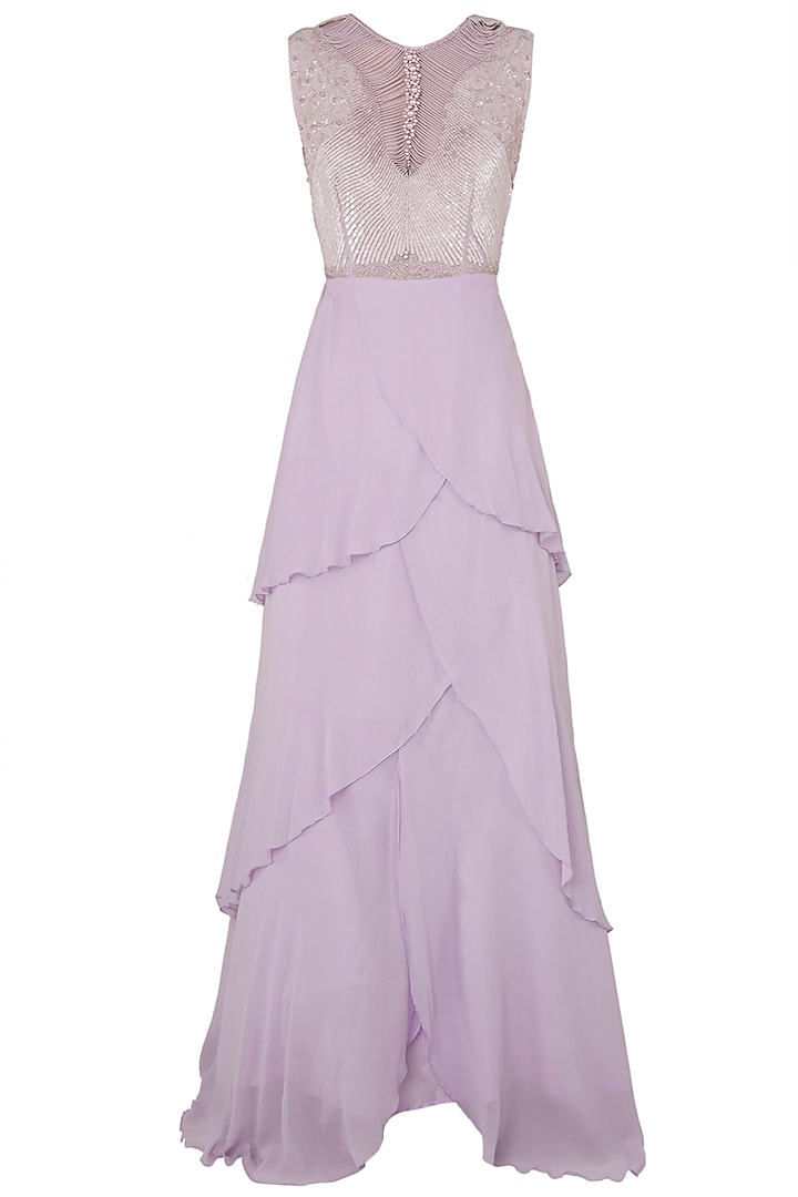 Lilac Embroidered Layered Gown by Rozina