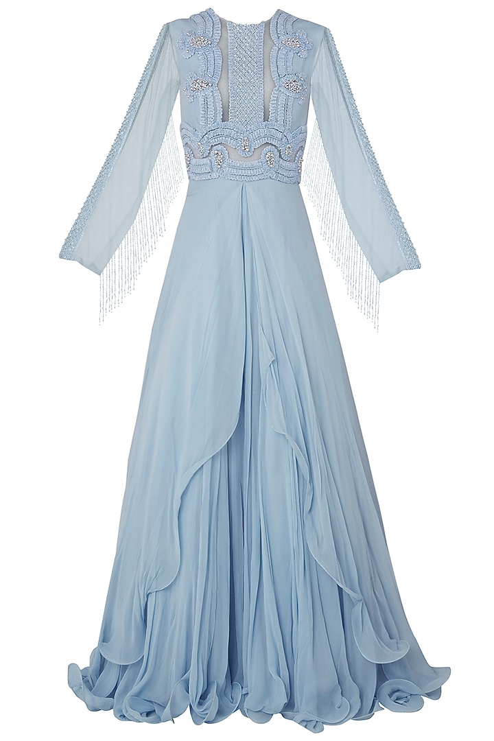 Blue Embroidered Layered Gown by Rozina