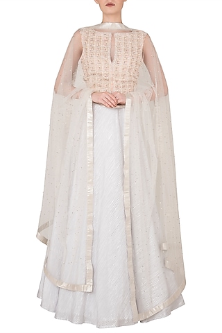 Off White and Pink Embroidered Lehenga Set by Rozina