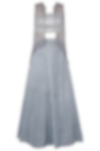 Light Grey Asymmetrical Embroidered Cape with Bustier and Lehenga Skirt by Rozina