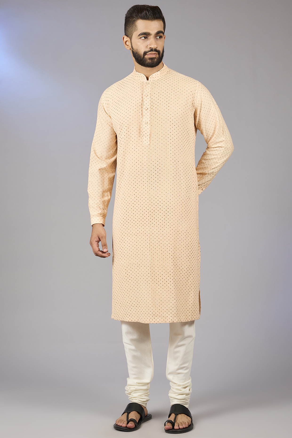Peach Katan Block Printed Kurta Set by Rajesh Pratap Singh Men