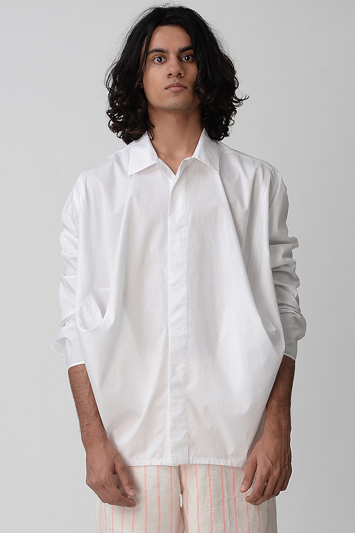 White Shirt With Pouch Pockets by Rajesh Pratap Singh Men
