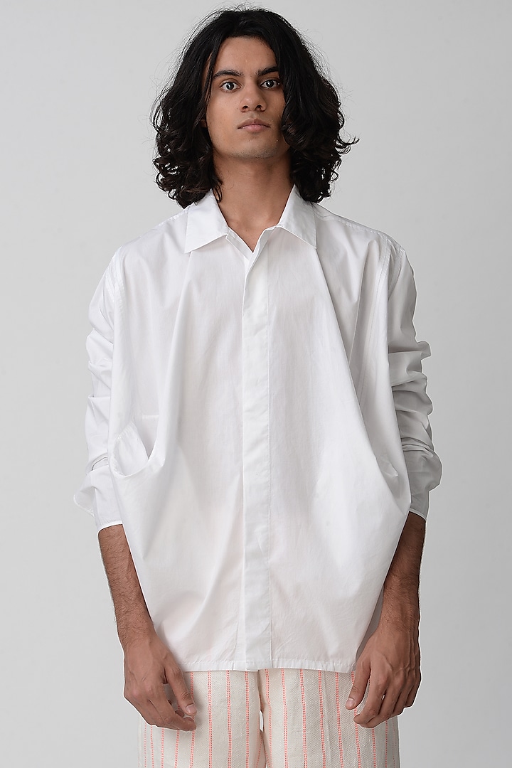 White Party Wear Shirt With Pouch Pockets by Rajesh Pratap Singh Men at Pernia's Pop Up Shop