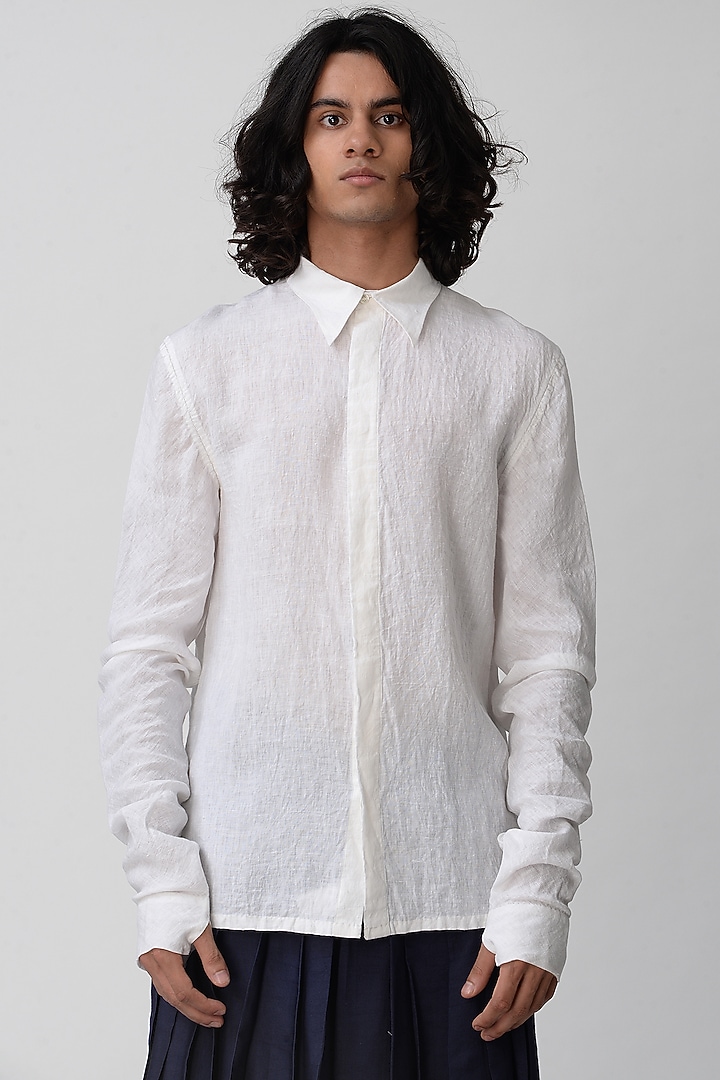 White Wedding Shirt With Biker Sleeves by Rajesh Pratap Singh Men at Pernia's Pop Up Shop