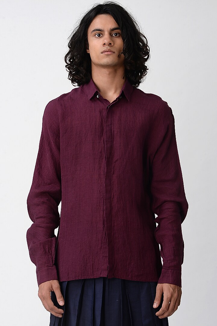 Wine Wedding Shirt With Concealed Placket by Rajesh Pratap Singh Men at Pernia's Pop Up Shop
