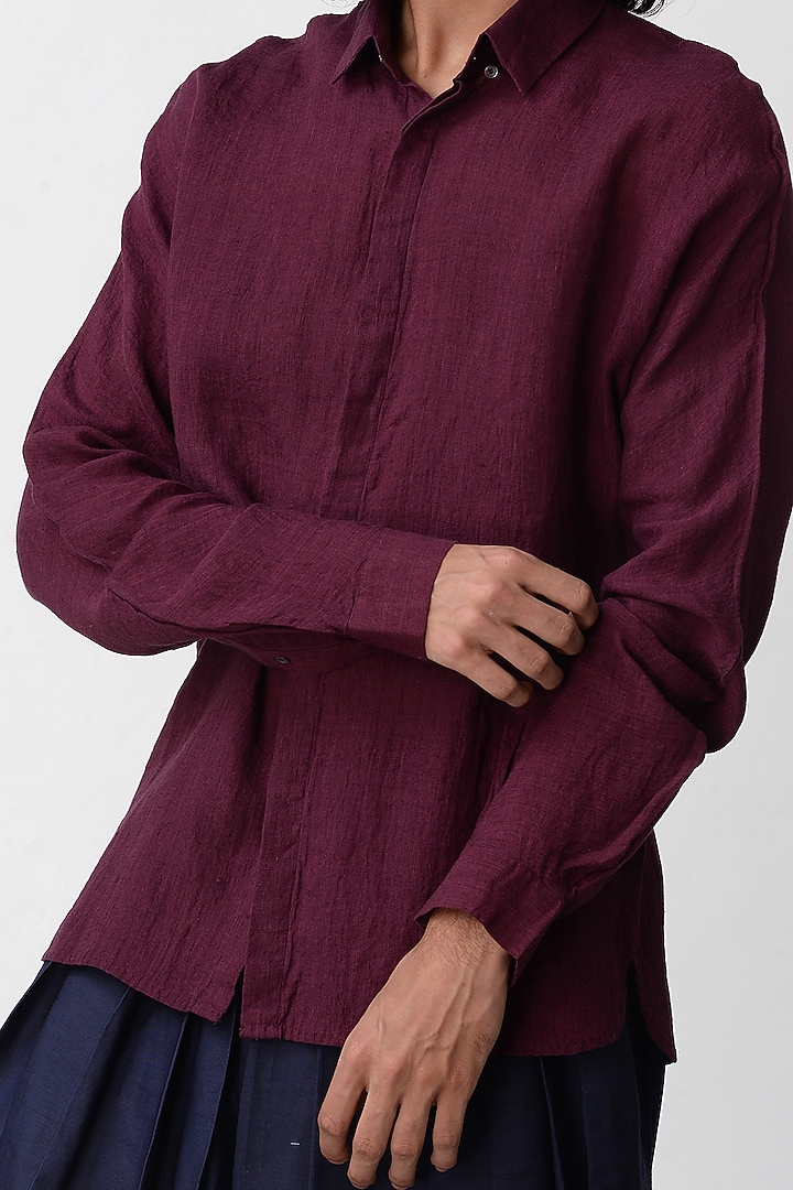 Wine Wedding Shirt With Concealed Placket by Rajesh Pratap Singh Men at Pernia's Pop Up Shop