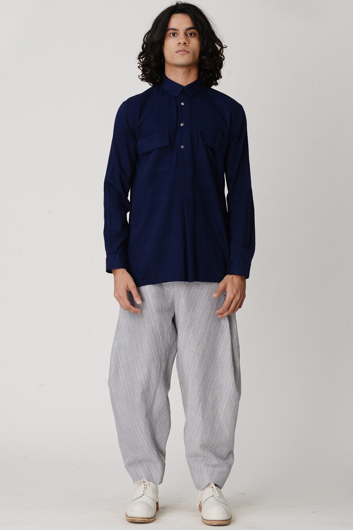 Indigo Blue Collared Shirt by Rajesh Pratap Singh Men at Pernia