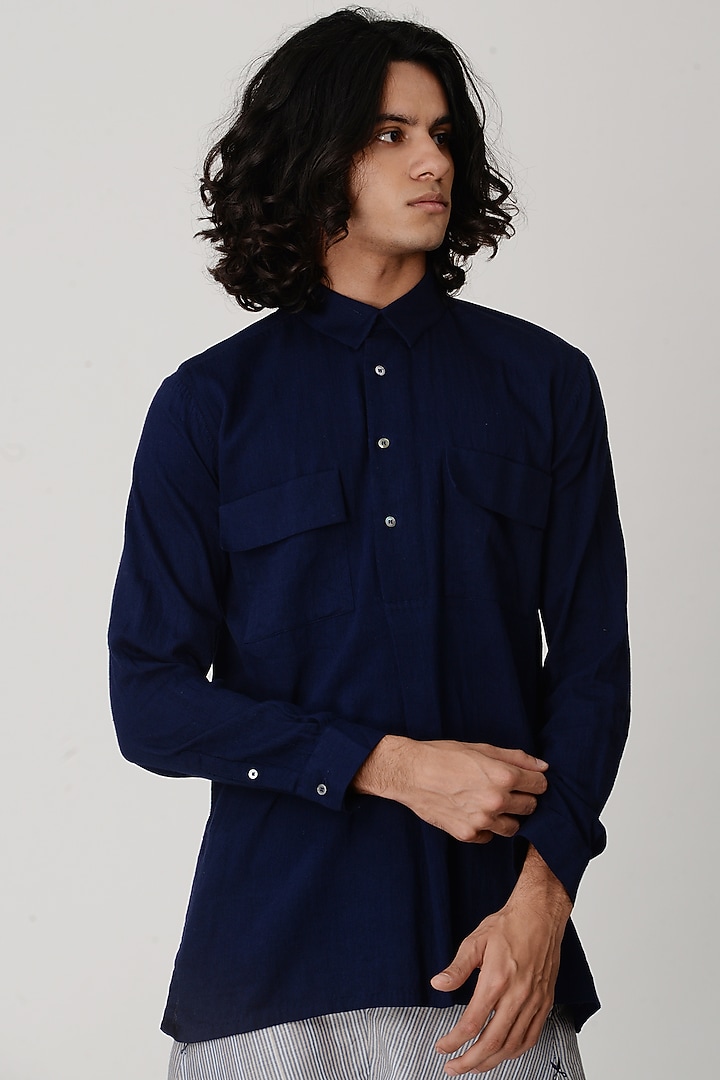 Indigo Blue Collared Shirt by Rajesh Pratap Singh Men at Pernia