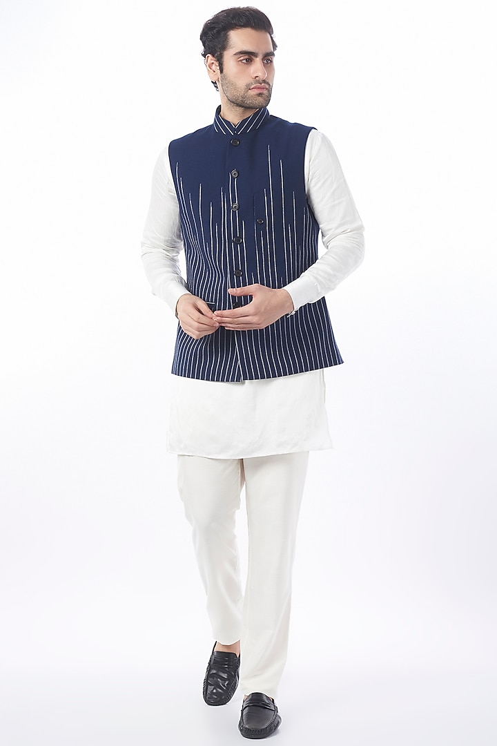 Indigo Ikat Waistcoat by Rajesh Pratap Singh Men