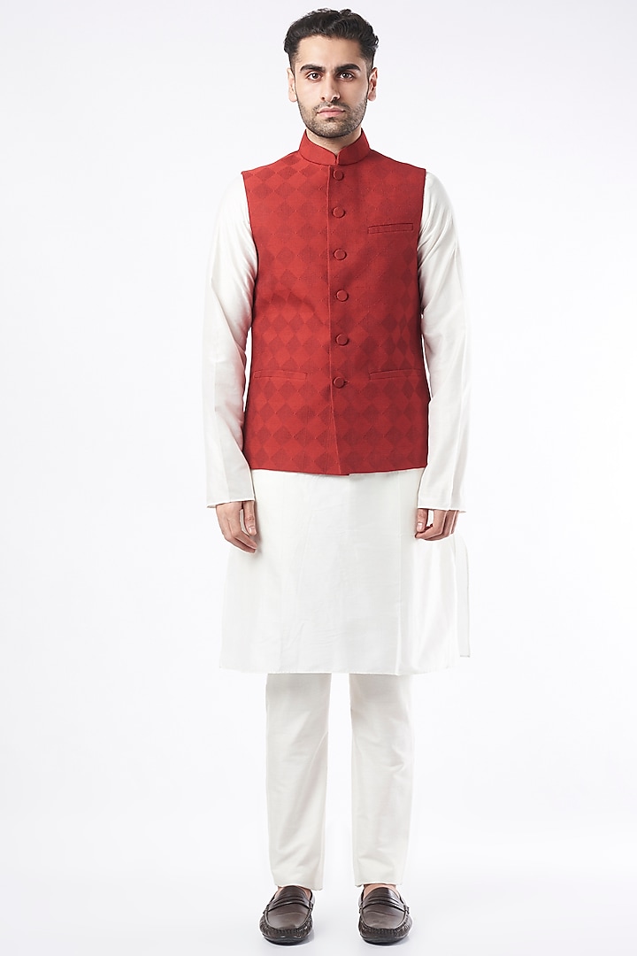 Maroon Viscose Waistcoat by Rajesh Pratap Singh Men