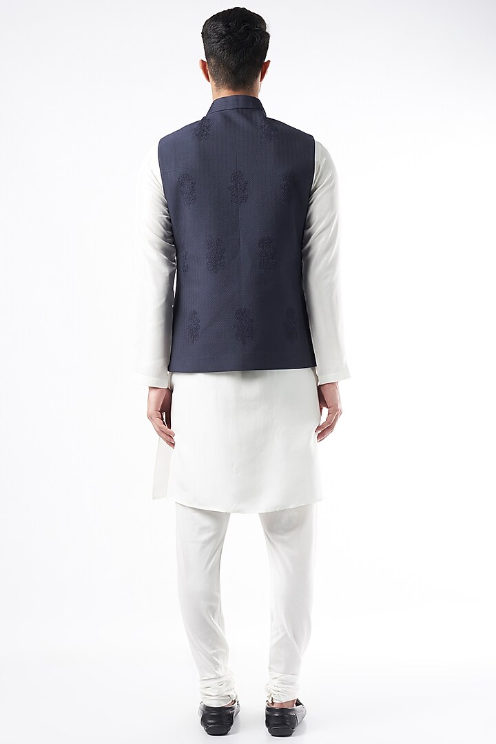 Navy Blue Viscose Floral Motif Nehru Jacket by Rajesh Pratap Singh Men at Pernia's Pop Up Shop