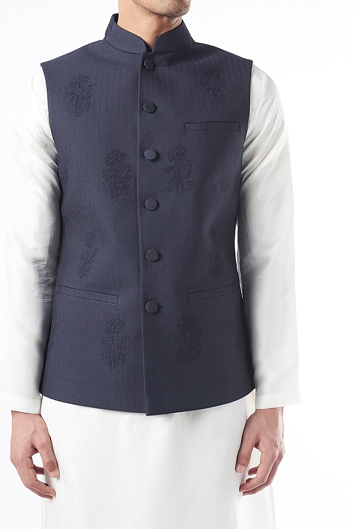 Navy Blue Viscose Floral Motif Nehru Jacket by Rajesh Pratap Singh Men at Pernia's Pop Up Shop
