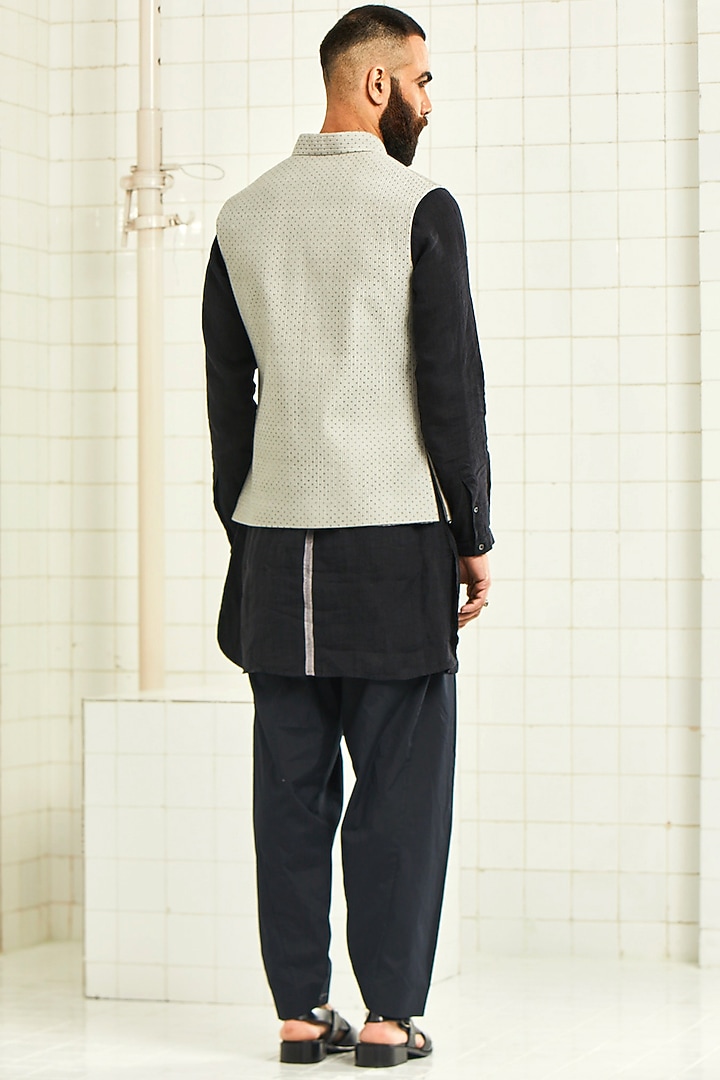 Grey Hand Block Printed Waistcoat by Rajesh Pratap Singh Men at Pernia's Pop Up Shop