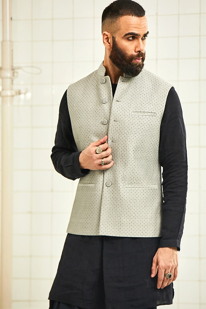 Grey Hand Block Printed Waistcoat by Rajesh Pratap Singh Men at Pernia's Pop Up Shop