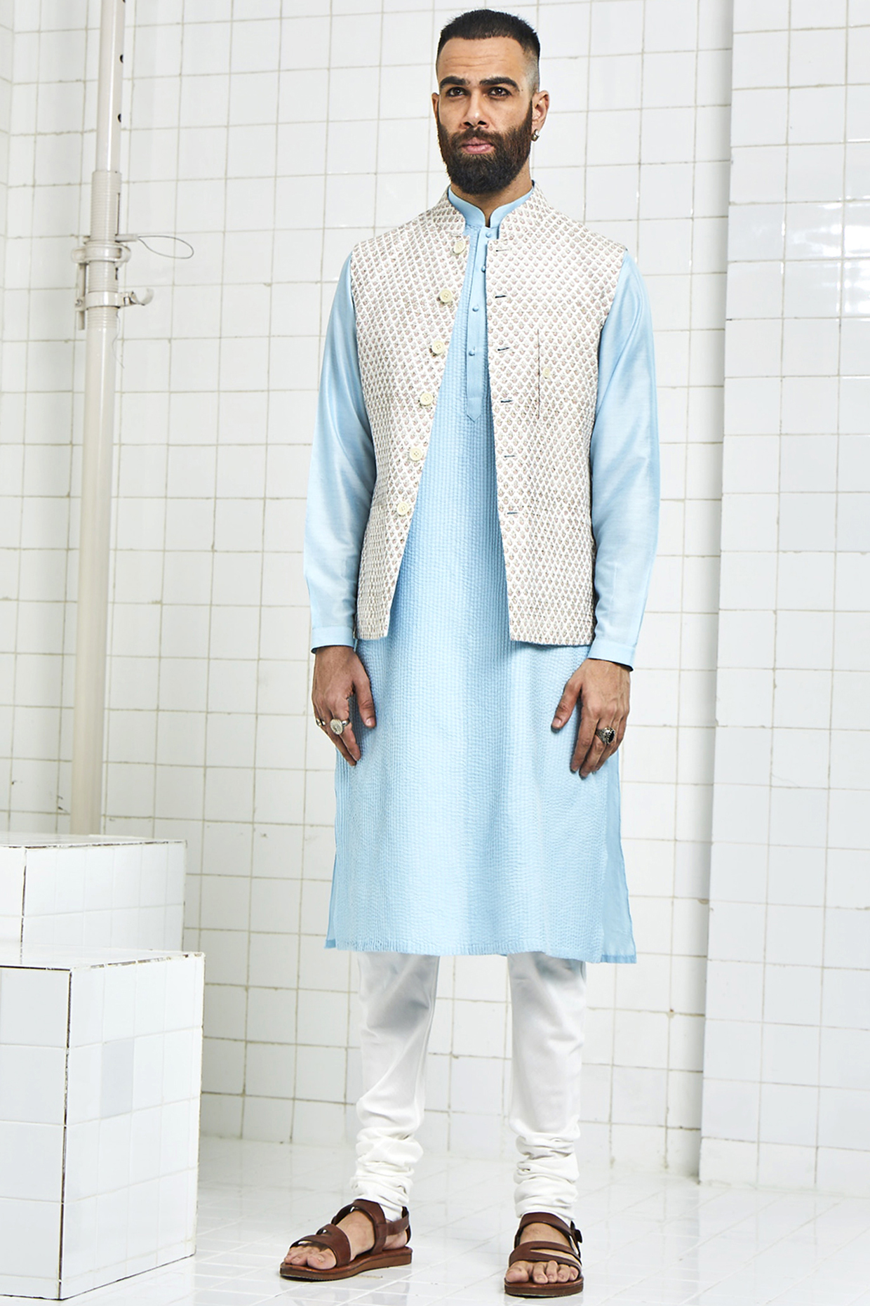 White Linen Hand Block Printed Reversible Waistcoat by Rajesh Pratap Singh Men at Pernia's Pop Up Shop