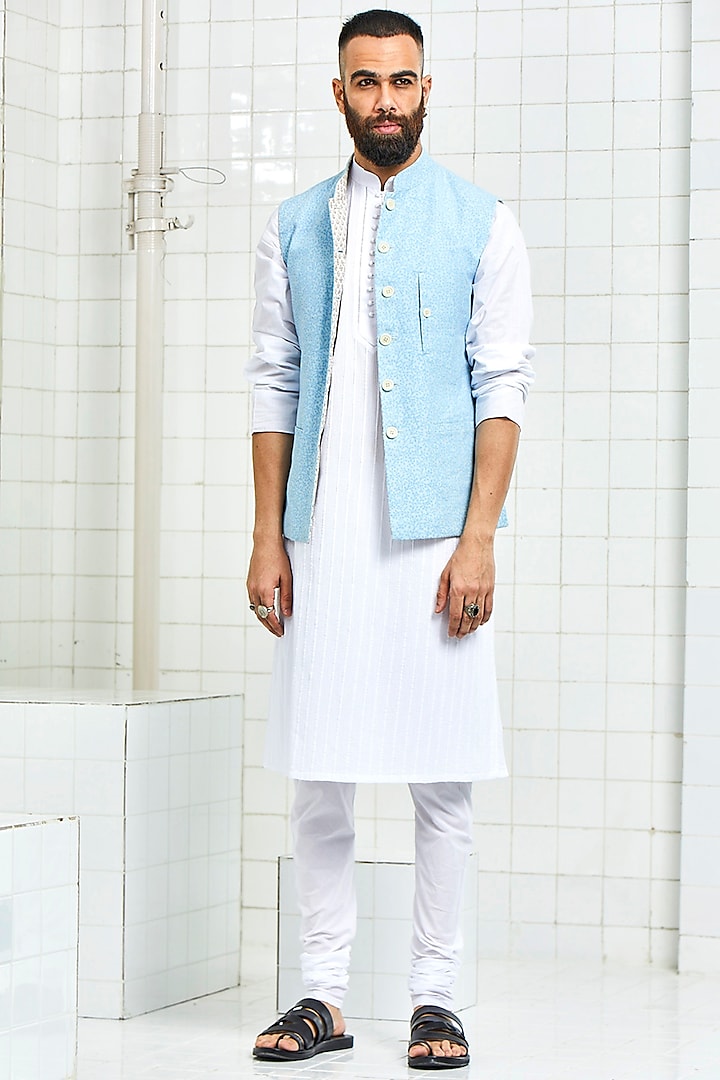 Blue Linen Hand Block Printed Reversible Waistcoat by Rajesh Pratap Singh Men at Pernia's Pop Up Shop