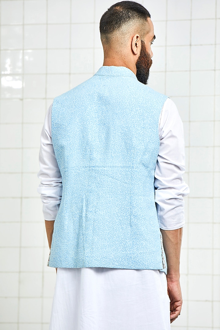 Blue Linen Hand Block Printed Reversible Waistcoat by Rajesh Pratap Singh Men at Pernia's Pop Up Shop