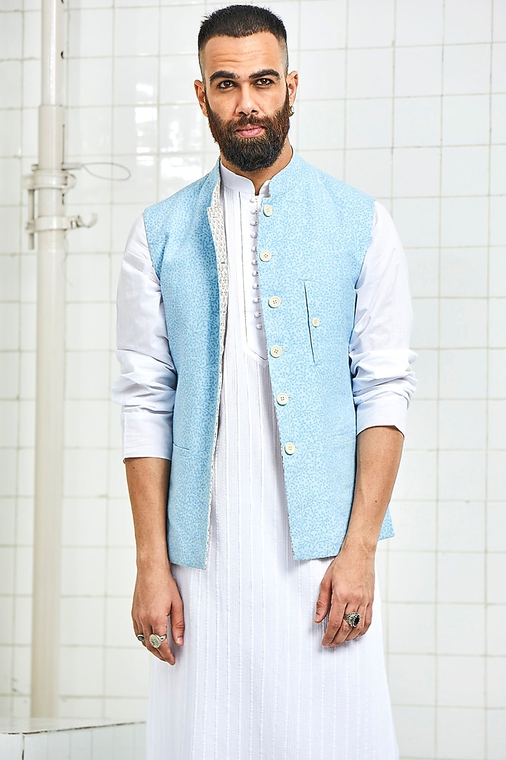 Blue Linen Hand Block Printed Reversible Waistcoat by Rajesh Pratap Singh Men at Pernia's Pop Up Shop