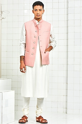 Pink Viscose 3D Textured Quilted Waistcoat by Rajesh Pratap Singh Men