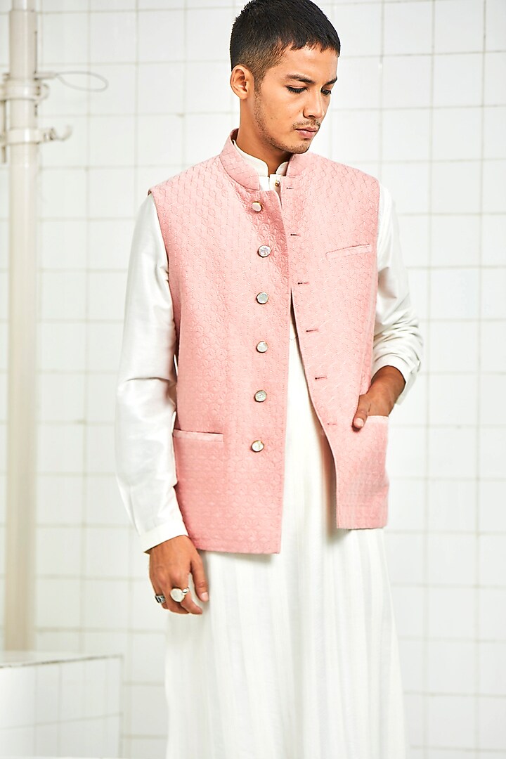 Pink Viscose 3D Textured Quilted Waistcoat by Rajesh Pratap Singh Men at Pernia's Pop Up Shop