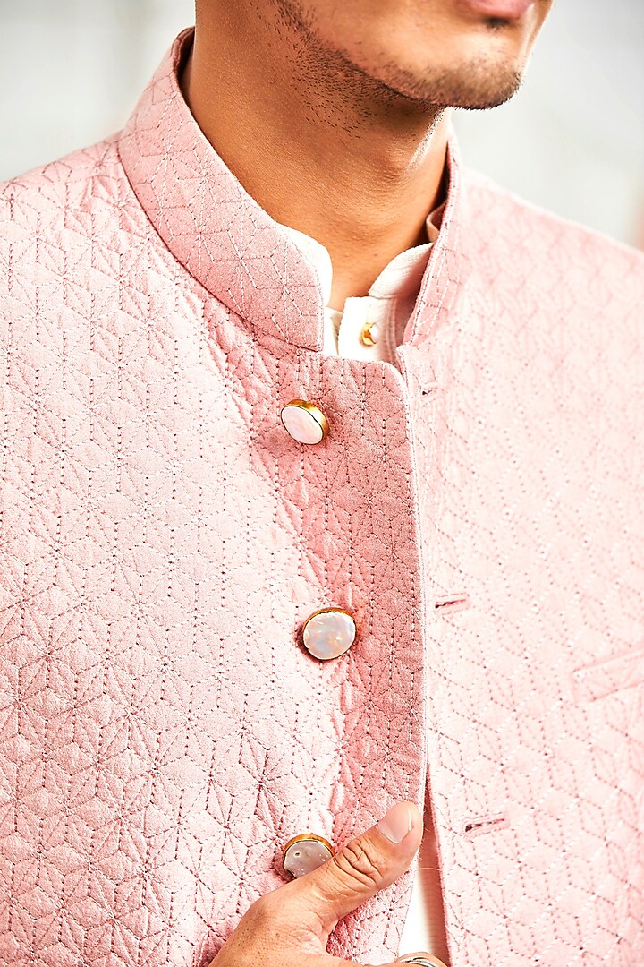 Pink Viscose 3D Textured Quilted Waistcoat by Rajesh Pratap Singh Men at Pernia's Pop Up Shop