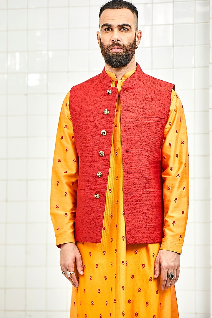 Red Viscose Quilted Waistcoat by Rajesh Pratap Singh Men at Pernia's Pop Up Shop