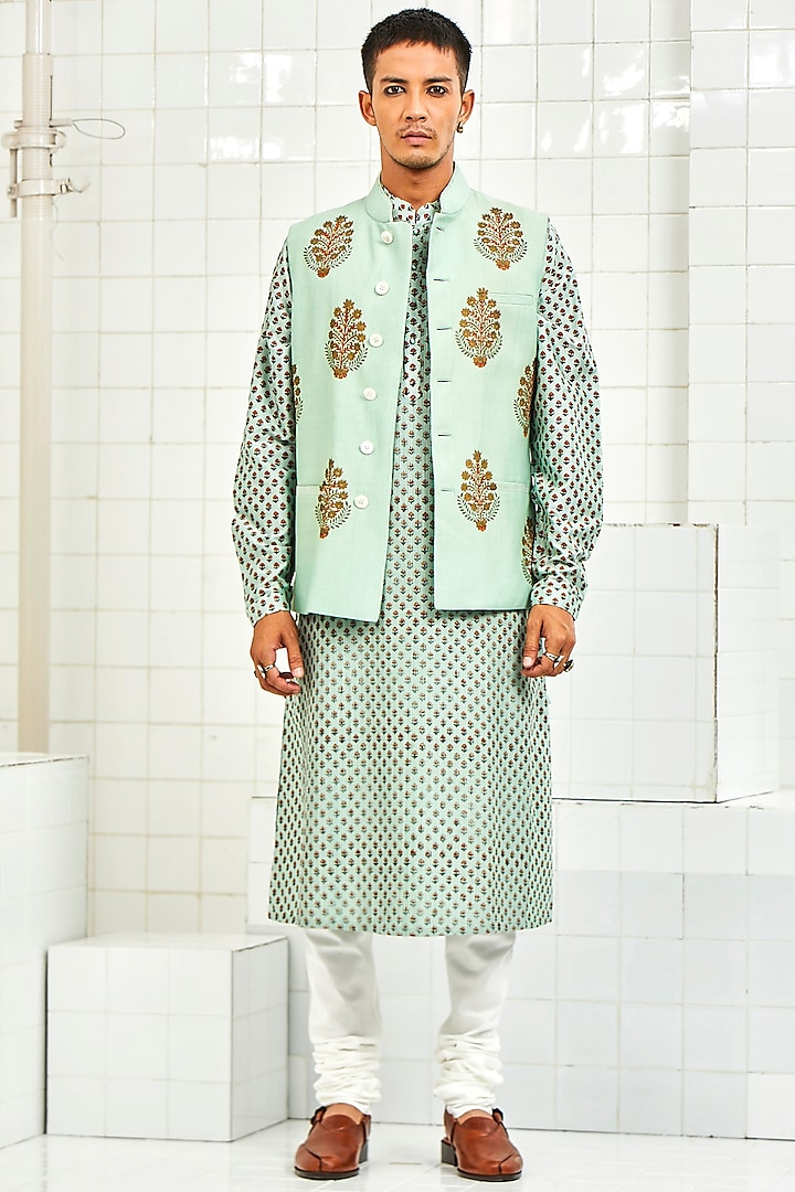 Mint Pintucked Waistcoat With Handmade Motifs by Rajesh Pratap Singh Men