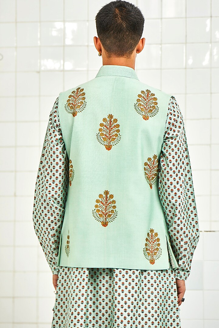 Mint Viscose Embroidered Waistcoat by Rajesh Pratap Singh Men at Pernia's Pop Up Shop